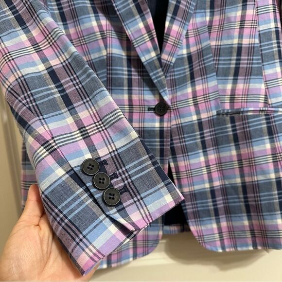 TALBOTS LINEN COTTON PURPLE BLUE PLAID LONG SLEEVE‎ SINGLE BUTTON BLAZER 6 - Picture 4 of 10